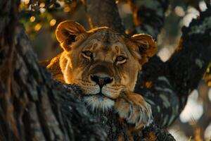 Majestic Lioness Resting Under a Tree photo
