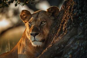 Majestic Lioness Resting Under a Tree photo