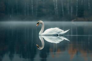 Graceful Swan Gliding Across a Serene Pond Its Reflection Mirrored Perfectly in the Still Water Nature Background photo
