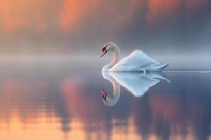 Swan Gracefully Gliding on a Calm Lake with Perfect Reflection Background Nature photo
