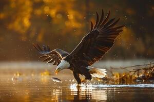 Bald Eagle Swooping Down to Catch a Fish from a Lake Nature Background photo