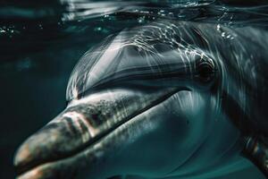 A Nature Background of a Dolphins Eye Underwater with Serene Reflections of the Ocean and a Calm Expression photo