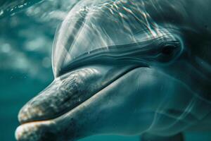 A Nature Background of a Dolphins Eye Underwater with Serene Reflections of the Ocean and a Calm Expression photo