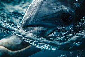 A Nature Background of a Dolphins Eye Underwater with Serene Reflections of the Ocean and a Calm Expression photo