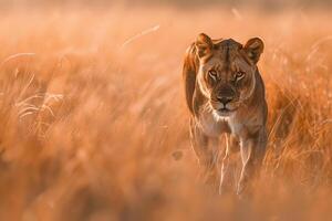 Lioness Stalking Through the Tall Grass of the Savannah Nature Background photo