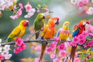 Group of Parrots Perched on a Blossoming Cherry Tree in a Spring Garden Nature Background photo