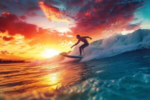 Surfer riding a wave during a  sunset. background. Nature photo