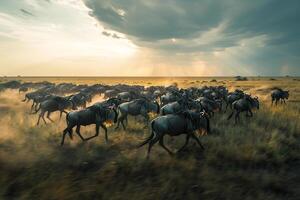 Herd of Wildebeest Migrating Across the Savannah Nature Background photo