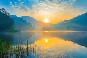 Sunrise over a tranquil mountain lake. background. Nature photo