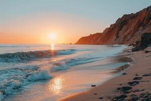 Sandy Beach with Waves at Dusk. background. Nature photo