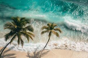 Palm Trees Swaying Gently on a Sandy Beach with Turquoise Waves Breaking on the Shore Nature Background photo