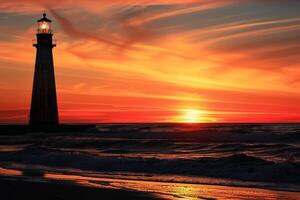 Beach Sunset with Silhouette of Lighthouse. Nature. Background photo