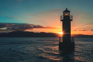 Beach Sunset with Silhouette of Lighthouse. Nature. Background photo