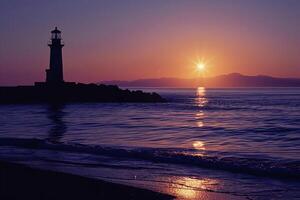 Beach Sunset with Silhouette of Lighthouse. Nature. Background photo