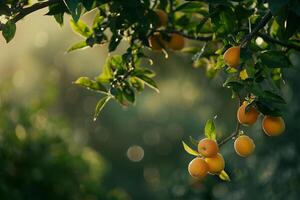 Orchard with Ripe Fruit Hanging from Trees. Nature Background photo