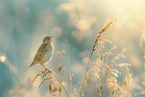 A pipit singing from a tall stalk of grass. nature background photo