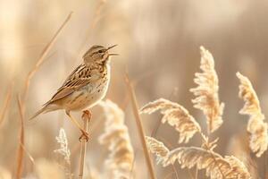 A pipit singing from a tall stalk of grass. nature background photo