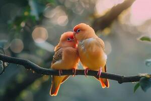 A pair of lovebirds sitting close together on a branch. nature background photo