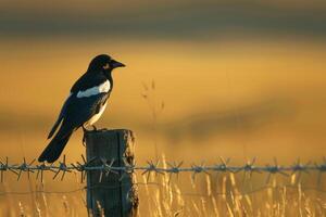 A magpie standing proudly on a fence post in an open field. nature background photo