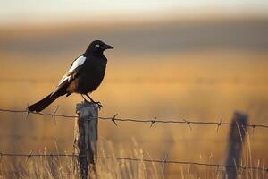 A magpie standing proudly on a fence post in an open field. nature background photo
