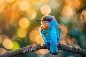 A roller perched on a branch with its bright plumage shining in the sunlight. nature background photo