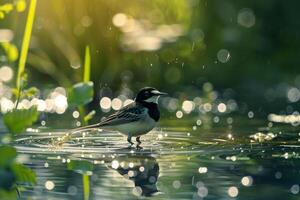 A wagtail searching for insects near a pond. Nature Background photo