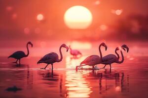 Flock of flamingos wading in shallow waters at sunset. Nature Background photo