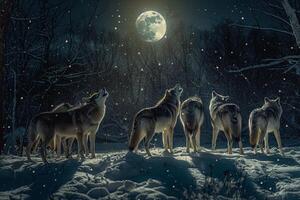 Pack of Wolves Howling Under a Full Moon in a Snowy Forest. Nature Background photo