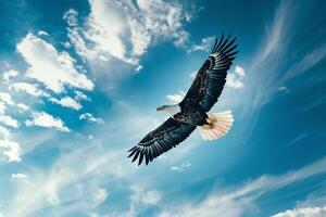 Bald eagle soaring against a blue sky with fluffy clouds. Nature. Background photo