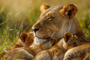 Lioness and her cubs resting in the savannah. Nature. Background photo