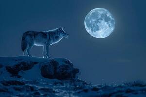 Lone wolf on a snowy hilltop under a full moon. Nature. Background photo