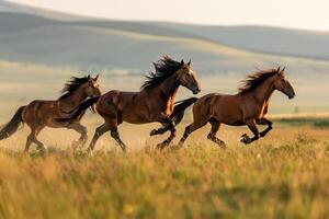 Wild horses galloping across a grassy plain. Nature. Background photo