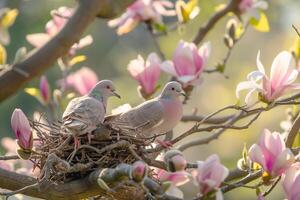 A pair of doves nesting in a blooming magnolia tree. nature background. serene scene with delicate flowers and tranquil atmosphere photo