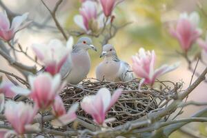 A pair of doves nesting in a blooming magnolia tree. nature background. serene scene with delicate flowers and tranquil atmosphere photo
