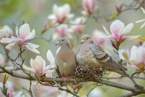 A pair of doves nesting in a blooming magnolia tree. nature background. serene scene with delicate flowers and tranquil atmosphere photo