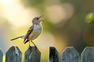 A mockingbird mimicking other birds calls while perched on a fence in a suburban backyard. nature background. lively scene with natural interaction photo