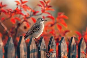 A mockingbird mimicking other birds calls while perched on a fence in a suburban backyard. nature background. lively scene with natural interaction photo