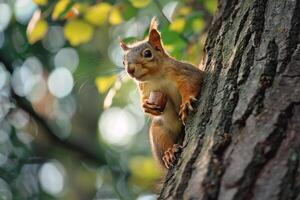 A squirrel climbing a tree with an acorn. nature background. lively scene with  of forest life and energetic activity photo