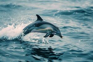 A dolphin leaping out of the ocean. nature background. dynamic and lively scene showcasing playful marine behavior photo