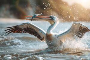 Pelican Scooping Up Fish with Its Large Beak in a Coastal Bay. Background. Nature photo