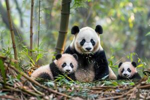 A Family of Pandas Frolicking in a Bamboo Forest. Background. Nature photo