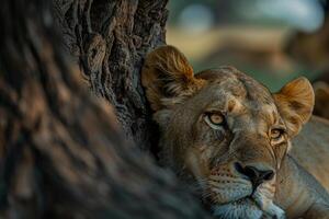 Lioness Resting Under a Tree with Her Pride in the Background. Background. Nature photo