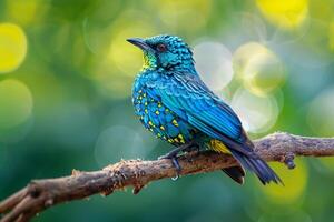 A Cotinga with Bright Plumage. Sitting on a High Branch. Background. Nature photo