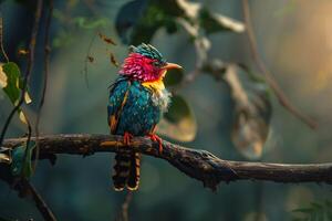A Cotinga with Bright Plumage. Sitting on a High Branch. Background. Nature photo