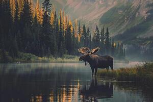 A Majestic Moose Standing Beside a Tranquil Mountain Lake. Background. Nature photo