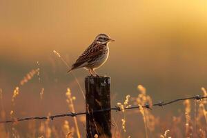 A Lark Standing on a Fence Post in a Wide Open Meadow. Background. Nature photo