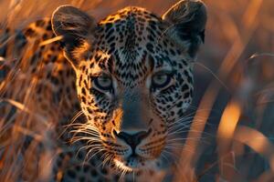 A Leopard Prowling Through Tall Grass. Background. Nature photo