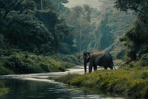 A Solitary Elephant Walking Beside a River in a Lush Green Forest. Background. Nature photo