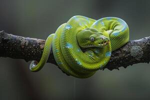 Green Tree Python Coiled Around a Tree Branch  Nature Background photo