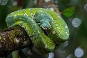 Green Tree Python Coiled Around a Tree Branch  Nature Background photo